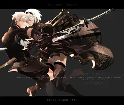 2B and 9S from Nier Automata in a tender, dramatic pose - digital artwork showing android warriors in signature outfits