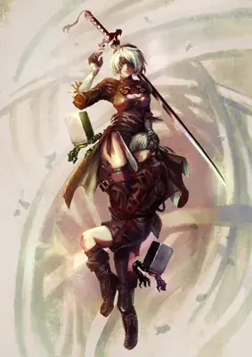 Fan art of 2B (YoRHa No.2 Type B) from NieR: Automata, depicted in a gothic-lolita style with a blindfold and sword.