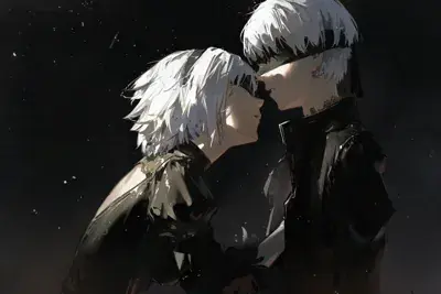 2B and 9S from Nier Automata intimate moment - digital artwork showing android warriors with signature blindfolds