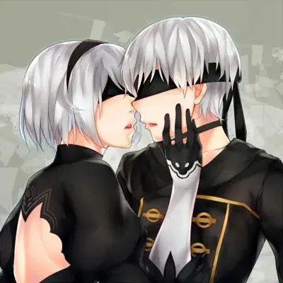 2B and 9S from Nier Automata, digital artwork showing android warriors in a tender, close pose