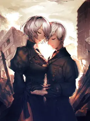 2B and 9S from Nier Automata romantic embrace - digital artwork showing android warriors in signature outfits