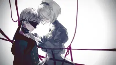 2B and 9S from Nier Automata tender moment - digital artwork showing android warriors in signature outfits connected by red strings