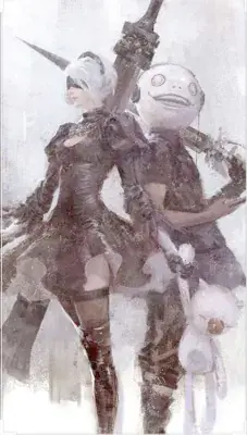2B from Nier Automata and Emil character art - digital artwork showing android warrior in signature outfit with the iconic shopkeeper