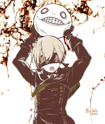 2B from Nier Automata holding Emil head - digital artwork showing android warrior in signature outfit
