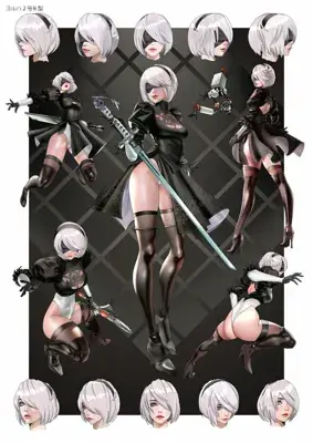 2B from Nier Automata character sheet - digital artwork showing android warrior in signature outfit