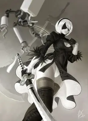 2B from Nier Automata low-angle combat pose - digital artwork showing android warrior in signature outfit