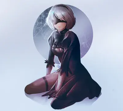Image of 2B sitting in a contemplative pose - YoRHa android character art from the video game Nier Automata