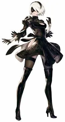 Full-body digital artwork of 2B from NieR: Automata, standing dynamically in her black combat dress, blindfold, white hair, thigh-high boots, and gloves against a white background.