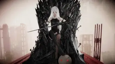2B (YoRHa No.2 Type B) from NieR: Automata seated on a throne made of swords in a post-apocalyptic setting.