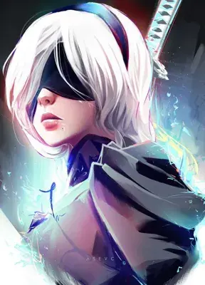 Digital illustration of 2B (YoRHa No.2 Type B) from NieR: Automata, featuring a blindfold and white hair in a gothic-lolita outfit.