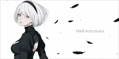 2B from Nier Automata portrait featuring short white hair and black feathers - digital artwork showing android warrior in signature outfit