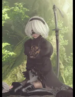 2B from Nier Automata sitting in the forest - digital artwork showing android warrior in signature outfit