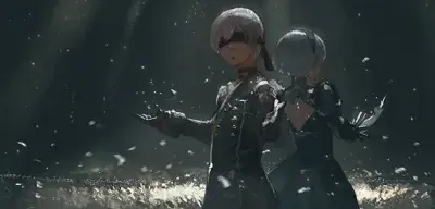 9S and 2B from Nier Automata back-to-back digital artwork showing android warriors in signature outfit