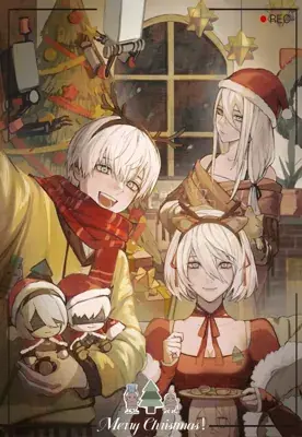 Image of 2B, 9S, and A2 celebrating Christmas - YoRHa android character art from the video game Nier Automata