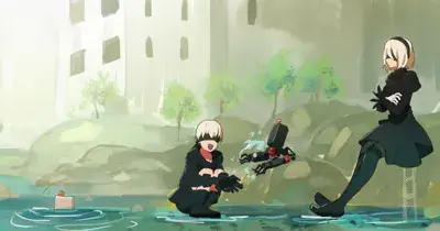 2B from Nier Automata enjoying a peaceful moment by the water with 9S - digital artwork showing android warriors in signature outfits