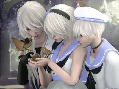2B from Nier Automata, a peaceful gathering with A2 and 9S - digital artwork showing android warriors in casual sailor outfits