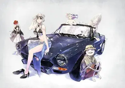 2B from Nier Automata summer getaway artwork featuring Emil and friends - digital artwork showing android warriors in casual summer outfits