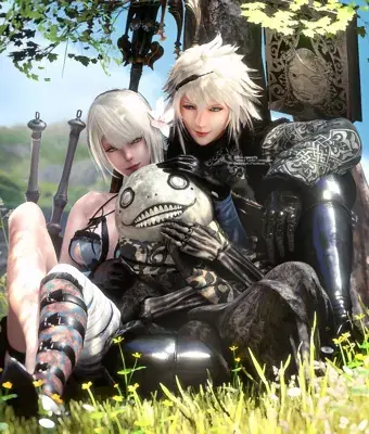 Digital illustration of 2B and 9S from NieR: Automata sitting together in a grassy field with a machine skull, surrounded by flowers and greenery.