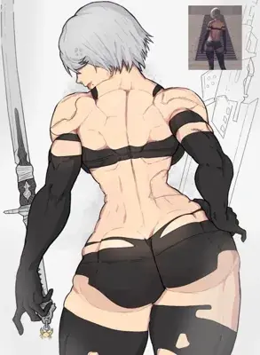 A2 from Nier Automata A2 Back-View Illustration - digital artwork showing android warrior in signature outfit