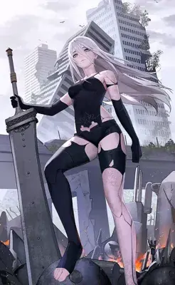 A2 from Nier Automata standing in a ruined city - digital artwork showing android warrior in signature outfit