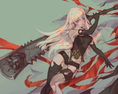 A2 from Nier Automata digital artwork showing android warrior in signature outfit with a massive greatsword