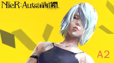 A2 from Nier Automata digital artwork showing android warrior with white hair in a painterly style