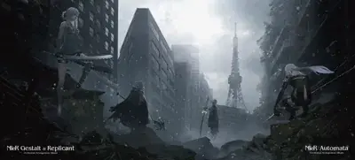 A2, Emil, 9S and 2B from Nier Automata in a detailed post-apocalyptic cityscape - digital artwork showing iconic android warriors and Emil in ruins