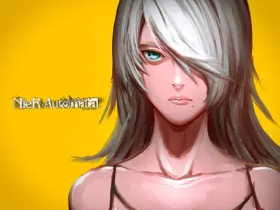 A2 from Nier Automata portrait artwork showing android warrior with signature white hair in detailed render