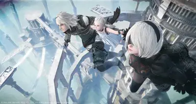 2B and A2 from Nier Automata descending through a ruined city - digital artwork showing android warriors in signature outfits