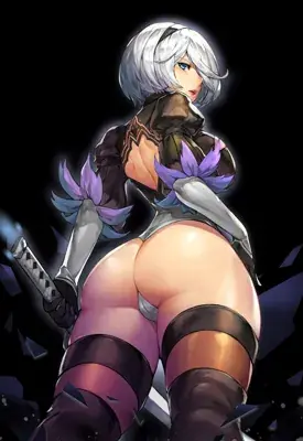 Digital art of NieR Automata's 2B from a low angle, looking over her shoulder with a katana, against a dark background with shattered elements.