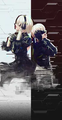 Digital artwork featuring 2B and 9S from Nier Automata in a split-tone composition illustrating emotional distress