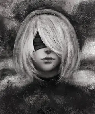 A black-and-white digital illustration of 2B from NieR: Automata, featuring her blindfold and blonde bob hairstyle.