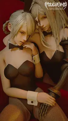 2B from Nier Automata bunny suit variant - digital artwork showing android warriors in detailed render