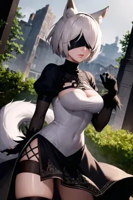 2B from Nier Automata cat-ear variant - digital artwork showing android warrior in signature outfit