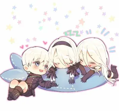 2B, 9S, and A2 from Nier Automata chibi artwork - digital illustration showing android warriors resting together