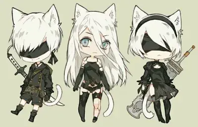 2B from Nier Automata Chibi Trio artwork - digital artwork showing android warriors in cute feline-inspired outfit