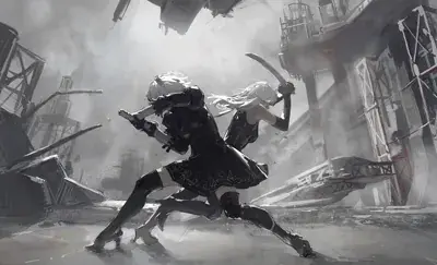 2B and A2 from Nier Automata engaged in a back-to-back combat stance - digital artwork showing android warriors in signature outfits