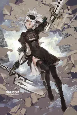 2B from Nier Automata action-pose digital artwork showing android warrior in signature outfit