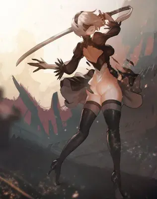2B from Nier Automata in an action-pose with a sword - digital artwork showing android warrior in signature outfit
