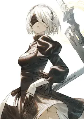 2B from Nier Automata in a sharp, detailed illustration showing the android warrior in her signature outfit with her sword