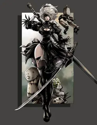 2B from Nier Automata standing with sword and Pod - digital artwork showing android warrior in signature outfit