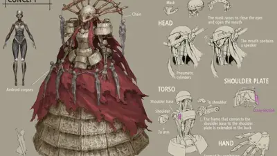 Concept art of 2B (YoRHa No.2 Type B) from NieR: Automata, showcasing a gothic-lolita style armored outfit with red fabric and mechanical details.