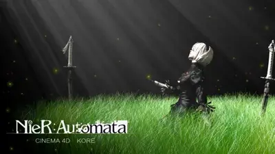 2B from Nier Automata kneeling in a grassy field - digital artwork showing android warrior in signature outfit