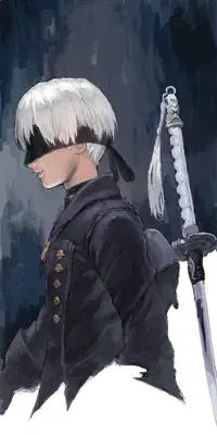 2B from Nier Automata side-profile artwork showing android warrior in signature outfit with katana