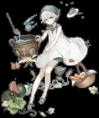 Digital illustration of 2B (YoRHa No.2 Type B) from NieR: Automata wearing a white dress and blindfold, cooking in a cauldron with food items scattered around.