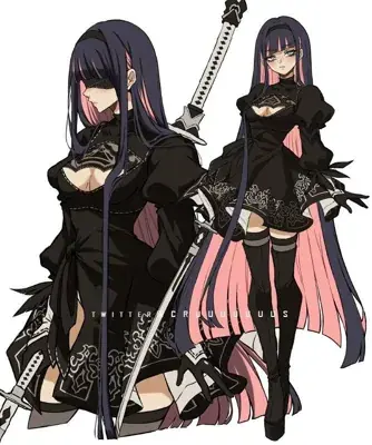 2B from Nier Automata dual-pose character reference - digital artwork showing android warrior in signature outfit