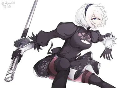 Digital art of 2B from NieR: Automata, shown from a low angle in a dynamic action pose. She has short white hair, blue eyes, and wears her black combat dress, fingerless gloves, and thigh-high stockings. She holds a katana-style sword in her left hand, angled upwards, against a plain white background.