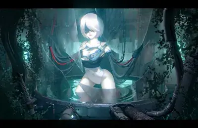 2B from Nier Automata emerging from a regeneration tank - digital artwork showing android warrior in a stylized leotard