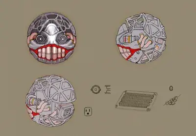 Emil from Nier Automata mechanical concept sheet - digital artwork showing the android's head design in detailed render