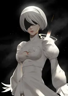 2B from Nier Automata ethereal white dress artwork - digital artwork showing android warrior in signature outfit